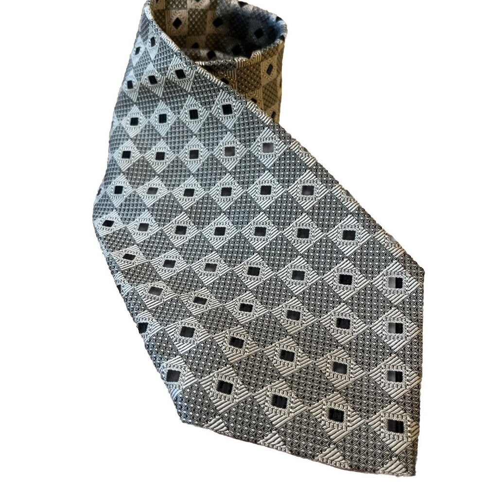 BURMA-BIBAS All Woven Gray W/ Black Geometric Design Silk Tie Made U.S.A.